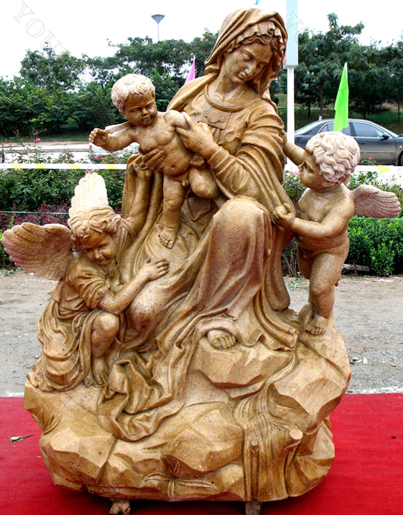 Beige marble carving mother mary statues with angels sculptures designs