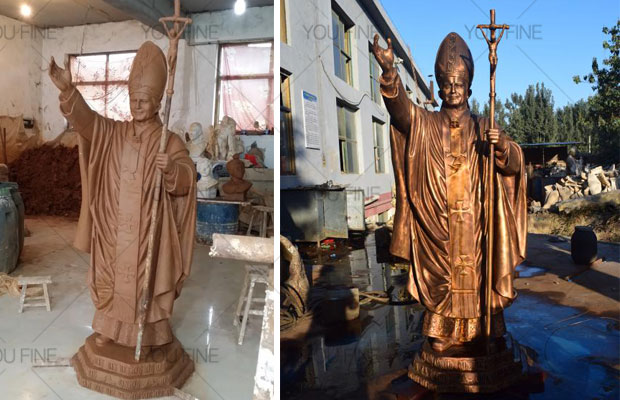 Clay model and completed religious bronze pope statue 