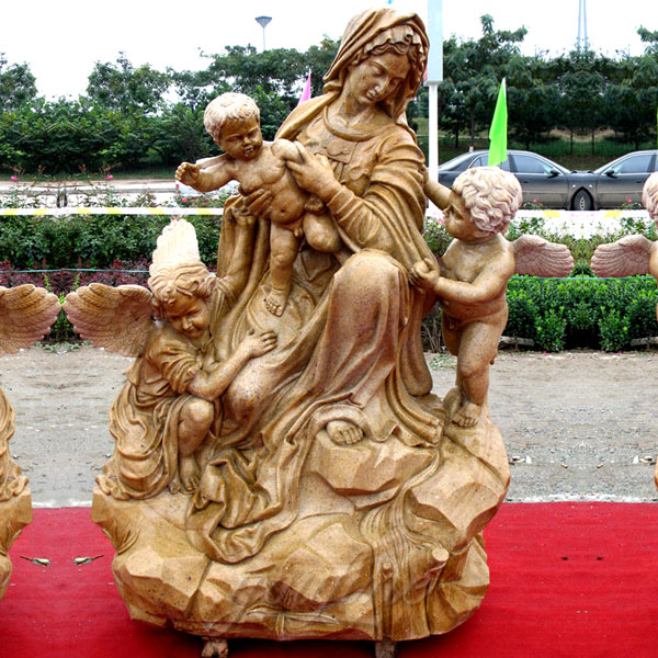 Beige marble carving mother mary statues with angels sculptures for garden decor