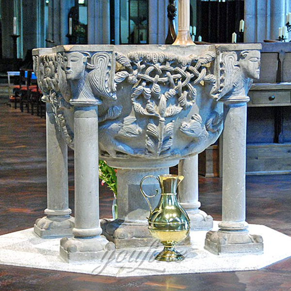 Luxury church decor of marble holy water font with beautiful carving decor for sale