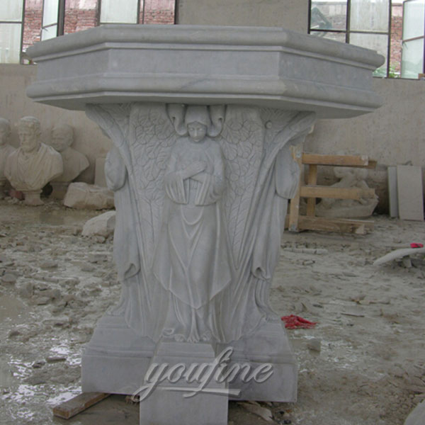 Religious statues of white marble font with woman decor for sale