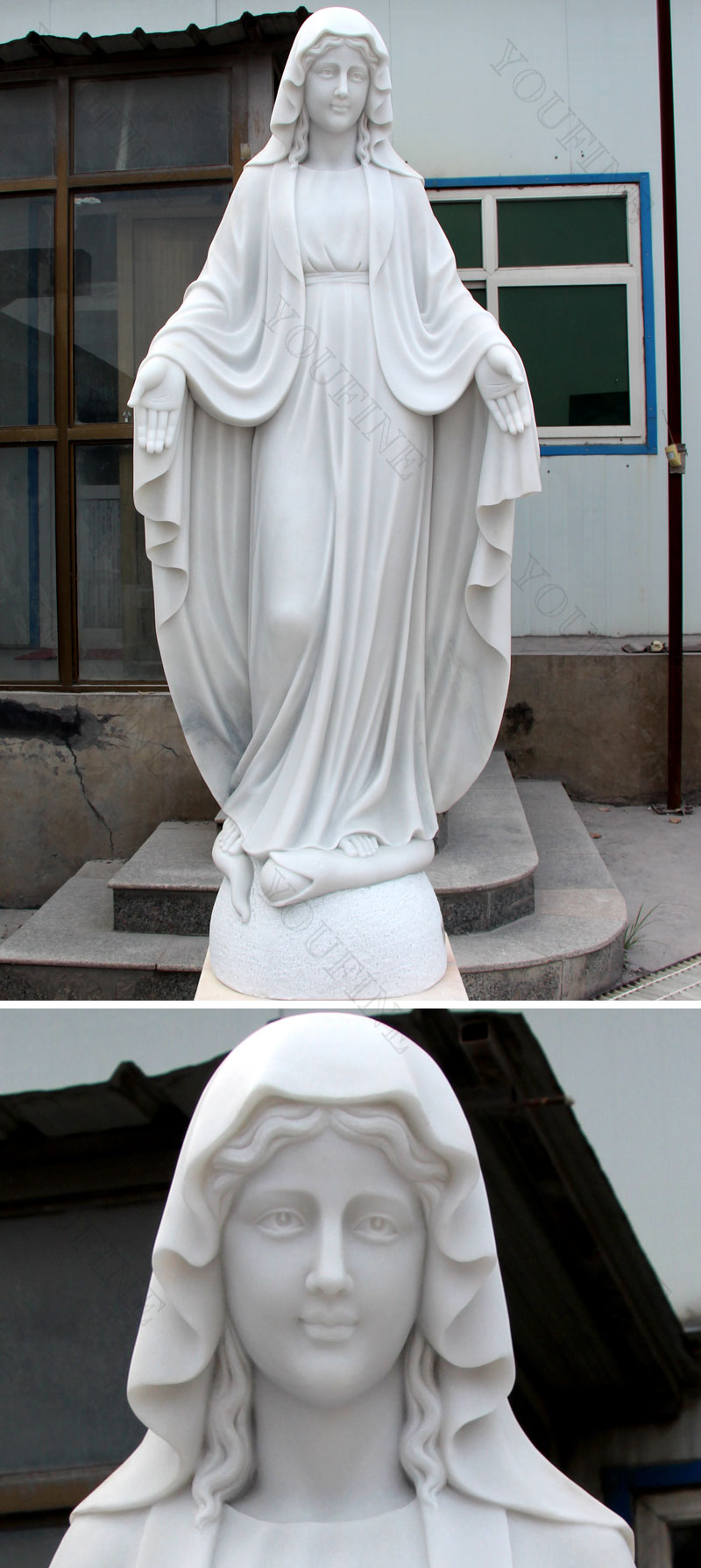 outdoor white marble mother mary statues details