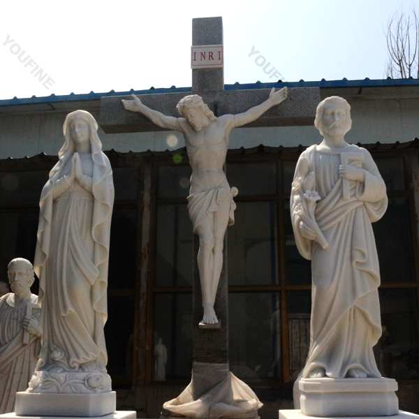 Hand Carved Jesus Crucifixion Marble Statue with Mary and St Joseph